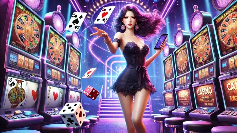 Layar permainan slot mobile dengan reel dan simbol bertema